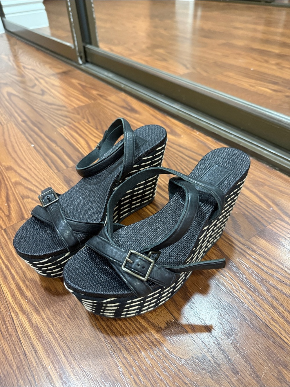 Pedro Garcia Black Platform Wedge Sandals with Woven-Accent Sides